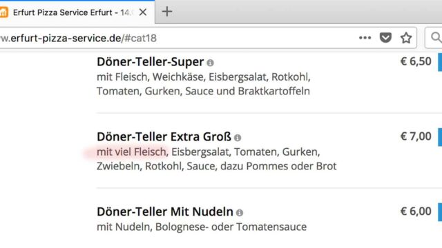 In der Karte von Erfurt Pizza Service steht es wirklich so, Döner Teller mit VIEL Fleisch! Döner mit viel Fleisch - Karte